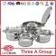 New style stainless steel cookware set with induction base for waterless cooking
