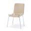 Wooden top dining table with 4 seaters in fabric cushion and chromed steel leg
