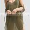 Summer New Style Sexy Plain V-neck Adjustable Straps Side Splits Olive Chiffon Floor-length Beach Kaftan With Cold Shoulders