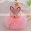 Artificial Fox Fur Pom Pom Ball fox head Rhinestone Key Chain Bag Charm for girls