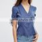 2016 Summer V Neck Ladies Blouse With Tie Sleeve