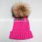 Rose color top grade winter acrylic beanies with large natural fur ball
