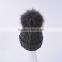 High quality wool knitted beanie hat with big raccoon fur ball pompoms on top for ladies grey color KZ160076
