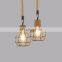 Retro Hemp Rope Industrial Loft Pendant Lamp Vintage Iron Cage Square Single Chandelier Light