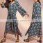 Boho Printed Long Sleeve Tie-Waist Details Frog Women Maxi Dress HSd5208