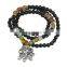 Black Agate Bracelets, with Synthetic Turquoise & Yellow Agate & Zinc Alloy, antique silver color plated, with bell & 4-strand