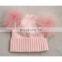 Wholesale Cute Baby Pink Knitted Kids Wool Hats Double Pom Pom Hat
