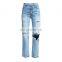DiZNEW Femme Crystal Studded Straight Torn Jeans For Women