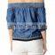 latest design off shoulder smocking chambray woman tops