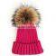 Myfur Wholesale Women Crochet Wool Acrylic Knit Beanie with Natural Color Raccoon Fur Pom Pom