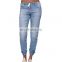 nnz004 summer new ripped jeans women's trendy brand slim straight zipper feet color matching washed denim trousers