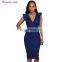 Turquoise Ruffle V-Neck Bodycon Midi Dress