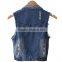 Wholesale 2016 custom OEM dark blue beaded sleeveless women denim jacket with holes