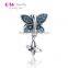 S034 Globalwin Silver Jewelry Antique Silver Blue Zircons Paved Butterly Charm Dangling Shiny Silver Charm