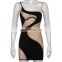 New Arrival  Mesh Patchwork Dress Hollow Out Sexy Transparent One Shoulder Women Party Dress