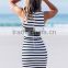 Hot selling high neckline stripe dress sleeveless fashion dress casual dress for women classic cut out stripe bodycon dress