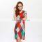 Pleat colorful grid printed short sleeve slim dress for ladies