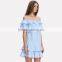 Off Shoulder Design Woman Summer Fashion Striped Blue Short Falbala Dress