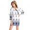 Summer Bohemian V-Neck Bell Flare Sleeve Mini Chiffon Dress Cut Out Print Crochet Trim Peasant Dress With Hollow Out Design