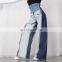 Denim Patchwork High Waist pocket Hit Color Large Size Wide Leg Pants Female 2020