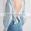 Wholesale Women Apparel Sky-blue and White Open-back Striped Cotton-poplin Wrap Top(DQE0378T)