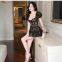 Spring and summer new style rich heiress French sweet spicy girl pure desire style bow lace waist cinching slimming dress