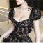 Spring and summer new style rich heiress French sweet spicy girl pure desire style bow lace waist cinching slimming dress