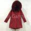 comfortable all red long jacket faux fur inside with large raccoon fur collar hood parka coat free shipping