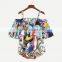 2017 New Designs Off Shoulder Printed Character Pattern Ladies Short Sleeve Blouses