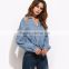 Clothes Women Blouse Long Sleeve 2017 Loose Shirt Blue Cutout Zip Up Knot Front Chambray Blouse