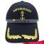 Fashion custom black 6 panel baseball cap with gold stitches embroidery and brass metal buckle