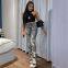 Womens Graphic Print Ripped Distressed Jeans Grey High Waist Y2K Straight Leg Denim Pants