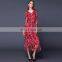 star patterned fashionable long sleeve red chiffon long dress with waistband