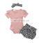 Pure color summer sets pit striped short-sleeved shirt waist protection denim shorts three-piece baby girl suit