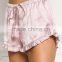 MGOO Foshan Manufacturer Satin Ruffle Trim Shorts High Waist Stretch Sleepwear Pink Plain Shorts