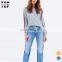 OEM new style stripe trim raglan sleeve crewneck wholesale grey women hoodies