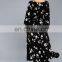 2017 long sleeve V neck black floral midi dress for women