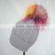 Myfur Light Grey Women Knit Hat with Real Fur Pom Pom Top
