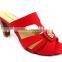 latest high heel PU leather wood heel office lady slipper with golden button