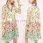 Western spring peasant girls v lace neckline long sleeve floral chiffon ruffle garden dress