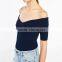 Elasticated knit crossover shape V-neck short sleeves strapless tank
