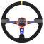 380 мм/15 дюймов черный кожаный руль для ралли с синними титановыми спицами, глубокими впадинами и белой строчкой