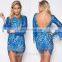 New Arrival Long Sleeve Low Back Sexy Club Wear Bodycon Dress In Blue Lace