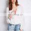 Lace trimed long sleeve woman surplice woven top