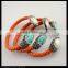 LFD-B0023 Wholesale Popular Turquoise Stone & Pearl Pave Rhinestone Crystal Orange Leather Cuff Bangles Bracelet Jewelry Finding