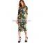 Womens Autumn Dress Bodycon Dresses New Vintage 2016 Spring Summer Office Green Mock Neck Floral Pencil Midi Dress