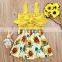 Golden top with big bow matching sunflower pattern dress 2pcs girls suit wholesale price