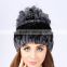 QD80615 2015 Newest Style Russia Knit Real Rex Rabbit Fur Trapper Hat With Silver Fox Fur Balls Hot Sale Korea Woman