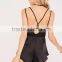 2017 Sexy Black Satin Pyjama Set Embroidered Custom Logo Harness Sweet Floral Teddy With Elasticated Waist
