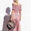 Lady's smocked dress with slit off the shoulder floral long maxi dresses